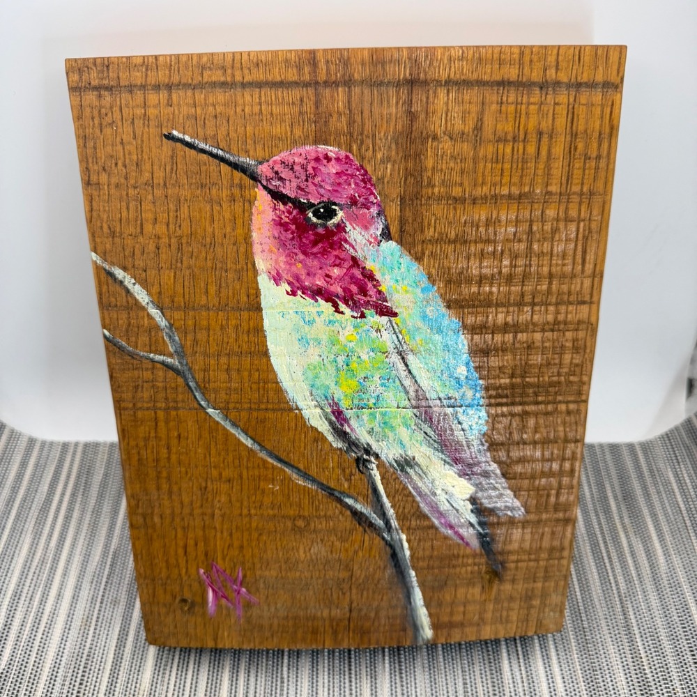 Original Hummingbird Oil Painting on Rustic Reclaimed Wood Block Wall Art 9x7